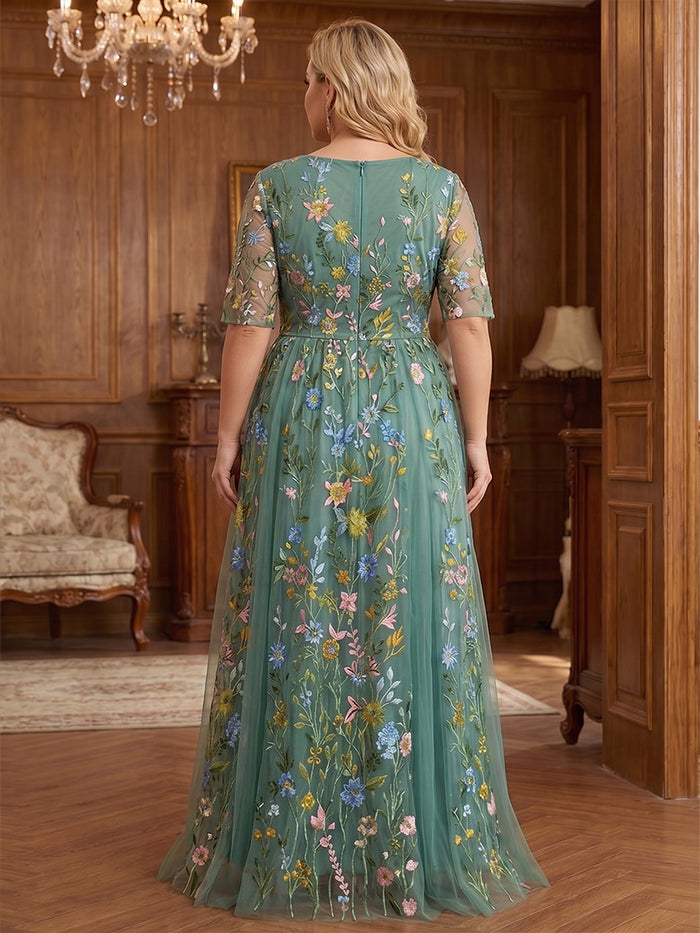 Tulle A-Line V Neck Plus Size Mother of the Bride Dresses with Floral Embroidery