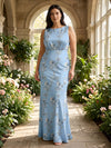 Satin Mermaid Crew Neck Plus Size Mother of the Bride Dresses with Floral Print