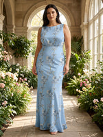 Satin Mermaid Crew Neck Plus Size Mother of the Bride Dresses with Floral Print