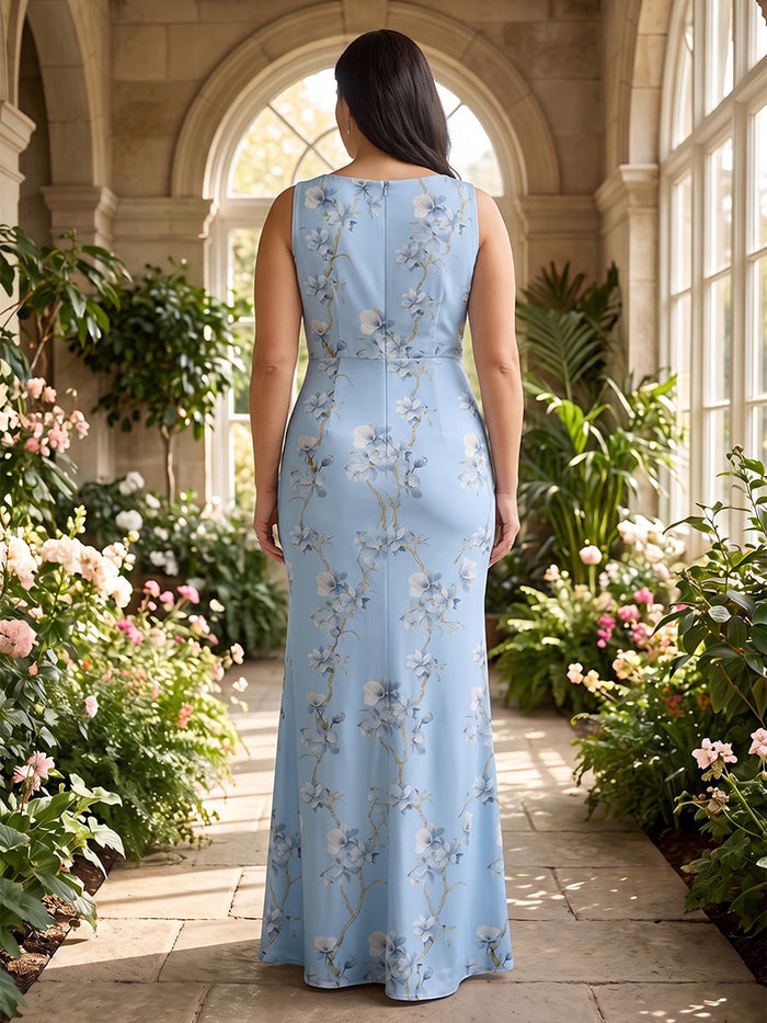 Satin Mermaid Crew Neck Plus Size Mother of the Bride Dresses with Floral Print