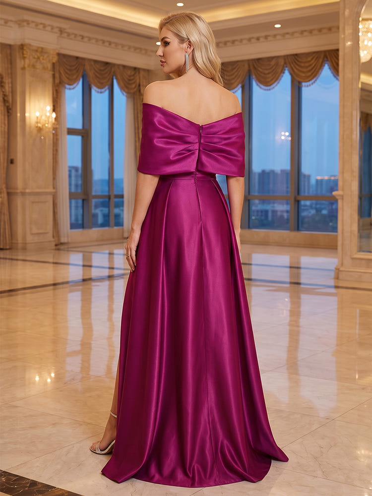 Satin A-Line Off Shoulder Plus Size Mother of the Bride Dresses with Side Slit