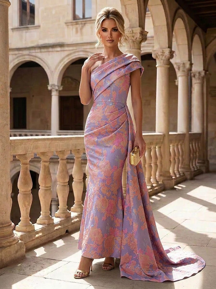 Jacquard Mermaid One Shoulder Mother of the Bride Dresses with Train