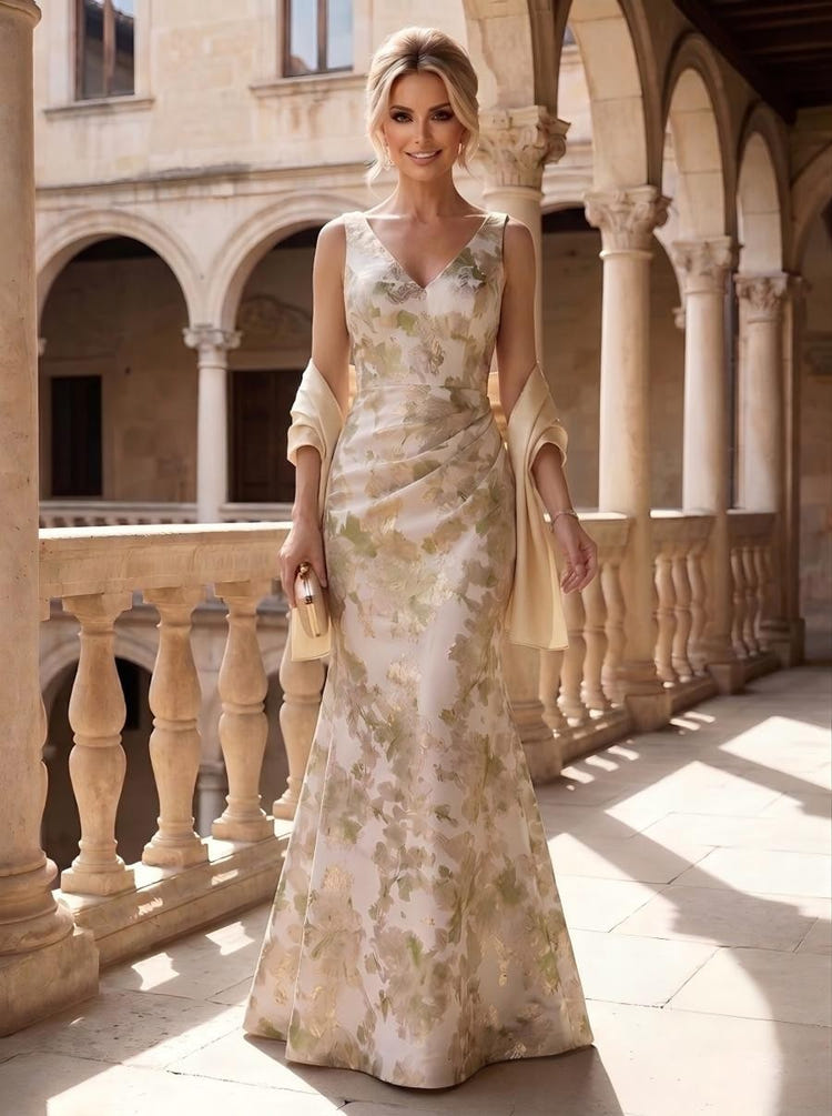 Jacquard Mermaid V Neck Mother of the Bride Dresses with Shawl
