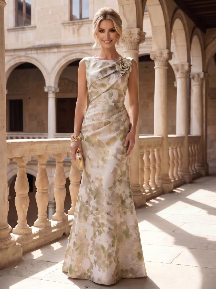 Jacquard Mermaid Crew Neck Mother of the Bride Dresses with 3D Flower