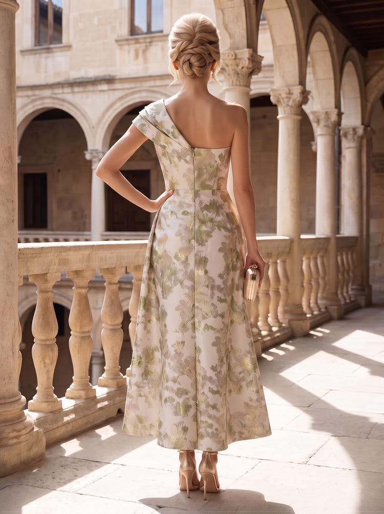 Jacquard A-Line One Shoulder Pleated Mother of the Bride Dresses