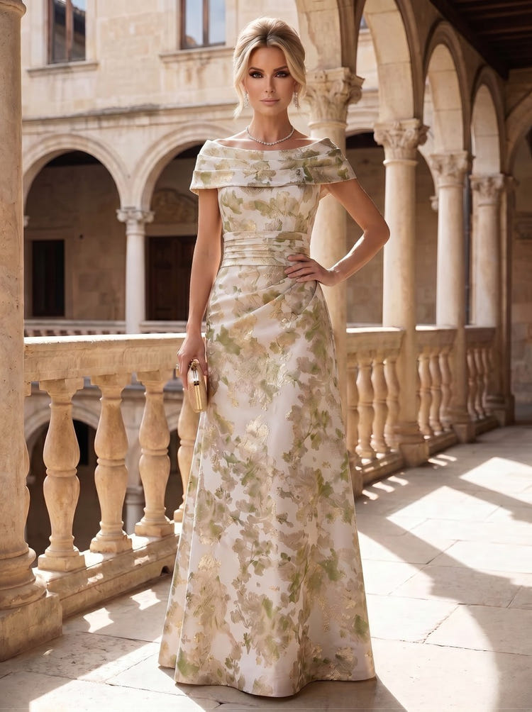 Jacquard A-Line Off Shoulder Pleated Mother of the Bride Dresses