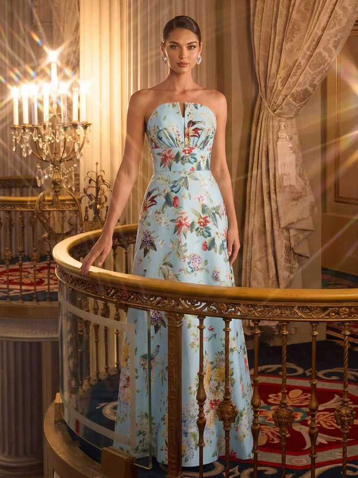 Satin A-Line Strapless Evening Dresses with Floral Print