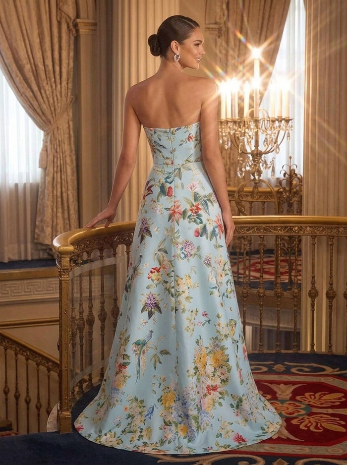 Satin A-Line Strapless Evening Dresses with Floral Print