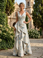 Jacquard A-Line V Neck Mother of the Bride Dresses with Ruffles