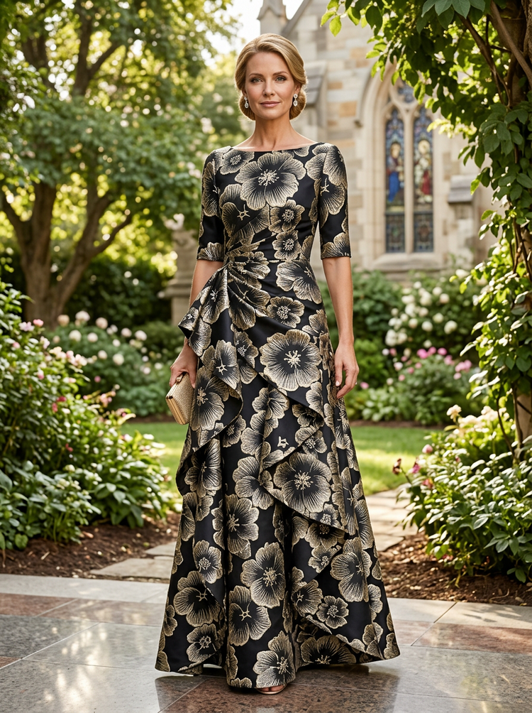 Jacquard A-Line Crew Neck Mother of the Bride Dresses with Ruffles