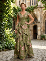 Jacquard A-Line V Neck Mother of the Bride Dresses with Ruffles