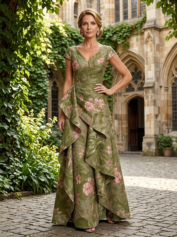 Jacquard A-Line V Neck Mother of the Bride Dresses with Ruffles