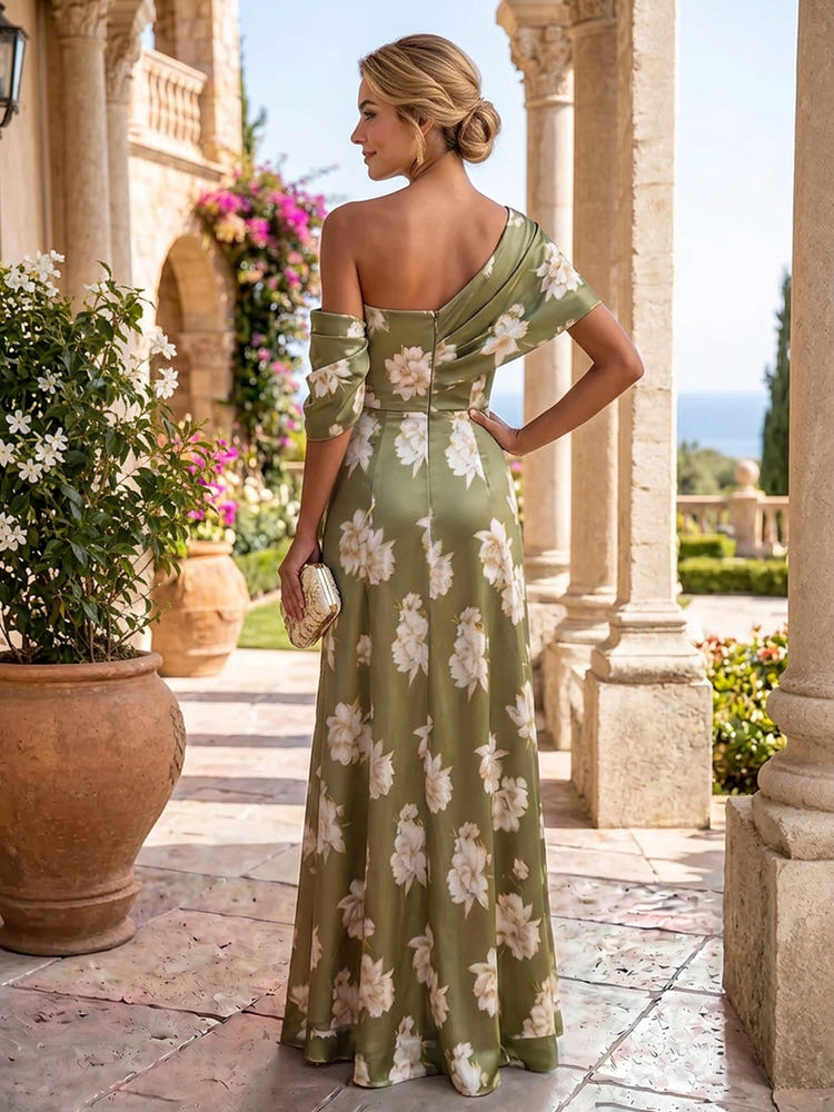 Satin A-Line One Shoulder Floral Print Mother of the Bride Dresses
