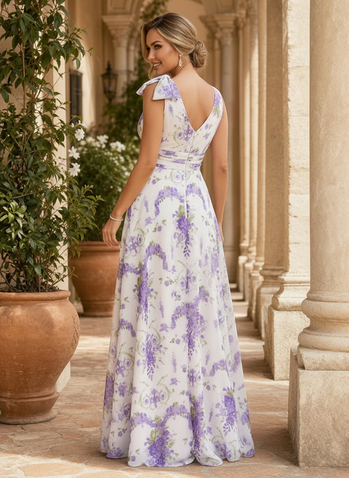 Chiffon A-Line V Neck Floral Print Mother of the Bride Dresses
