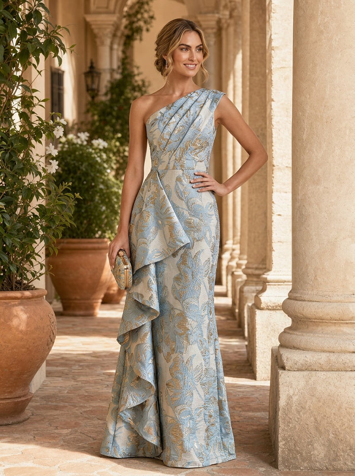 Jacquard Mermaid One Shoulder Mother of the Bride Dresses with Ruffles