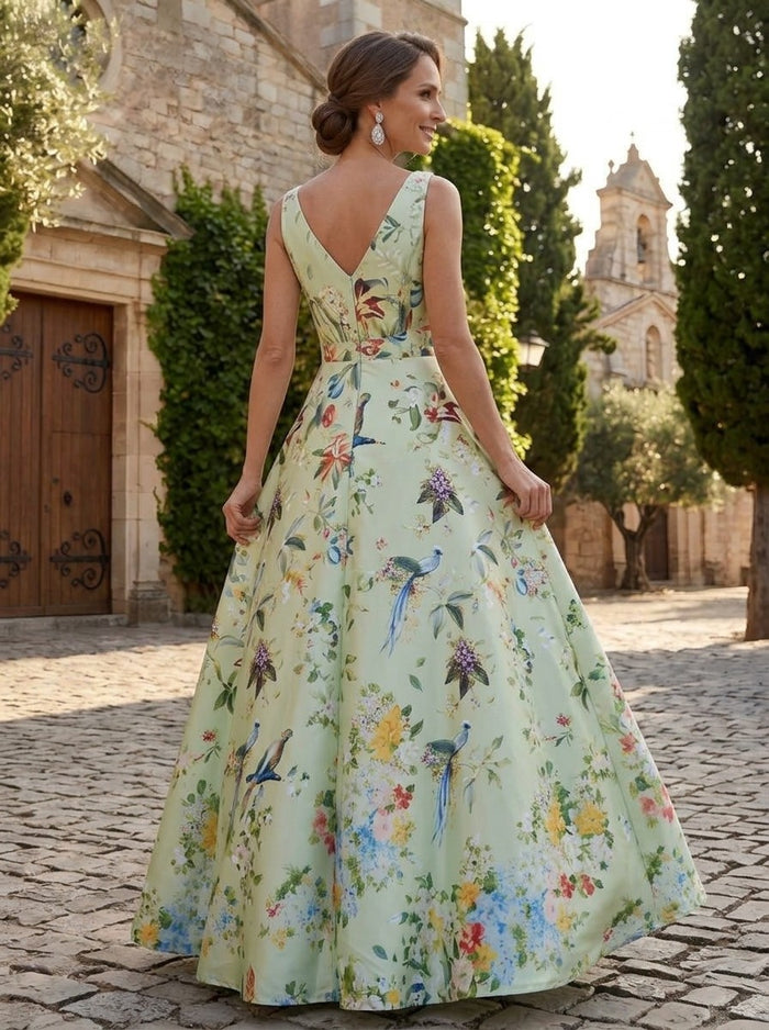 Satin A-Line V Neck Mother of the Bride Dresses with Floral Print