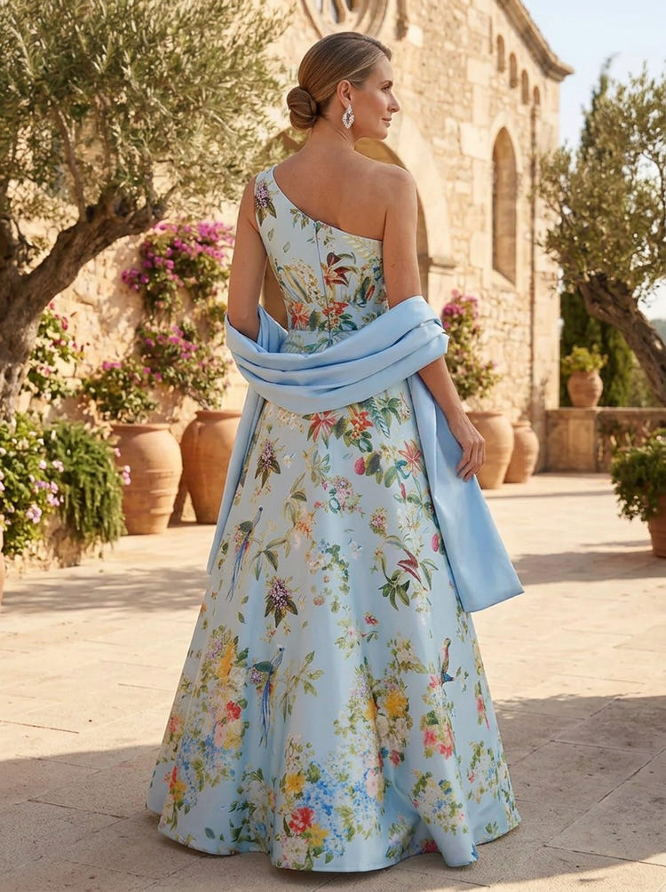 Satin A-Line One Shoulder Mother of the Bride Dresses with Shawl