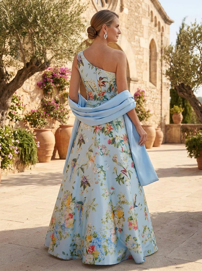 Satin A-Line One Shoulder Mother of the Bride Dresses with Shawl