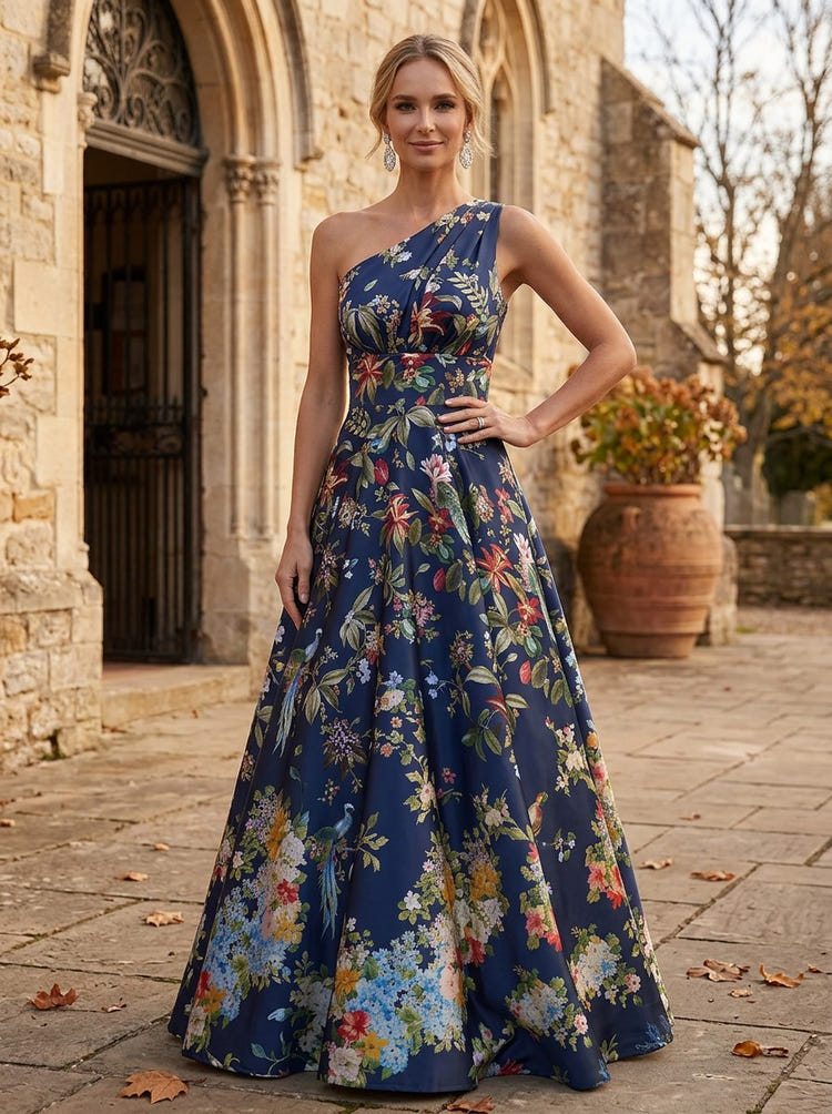 Satin A-Line One Shoulder Mother of the Bride Dresses with Floral Print