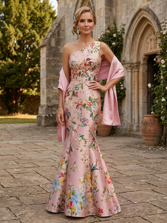 Satin Mermaid One Shoulder Mother of the Bride Dresses with Shawl