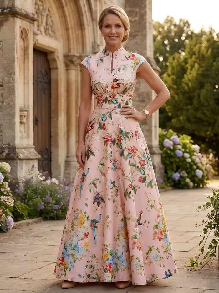 Satin A-Line Stand Colla Mother of the Bride Dresses with Floral Print