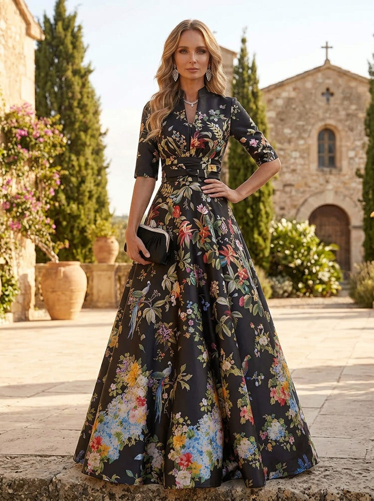 Satin A-Line Stand Colla Mother of the Bride Dresses with Floral Print