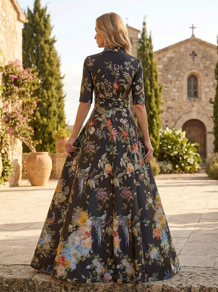 Satin A-Line Stand Colla Mother of the Bride Dresses with Floral Print