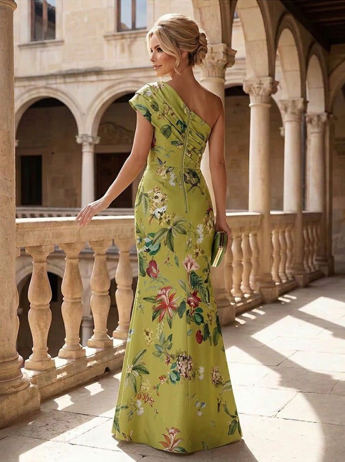 Satin Mermaid One Shoulder Mother of the Bride Dresses with Floral Print
