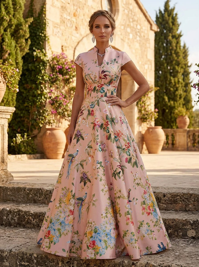 Satin A-Line Stand Colla Mother of the Bride Dresses with Floral Print