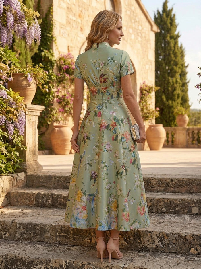 Satin A-Line Stand Colla Mother of the Bride Dresses with Floral Print