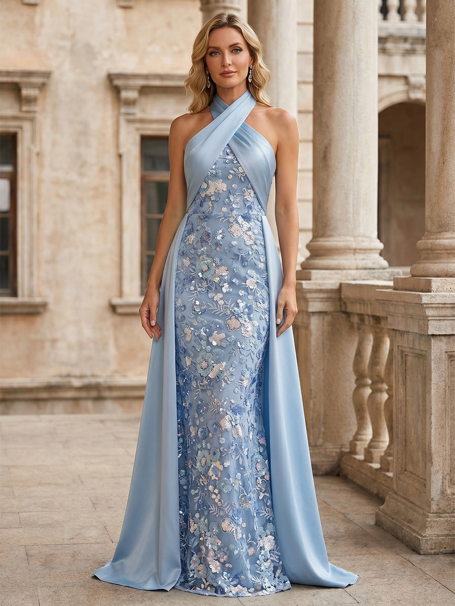 halter mother of the bride dresses Dusty Light Blue Groom 2026 Crisscross Neck 3D Floral Lace Appliques Satin Overlay Mermaid Maxi Formal Evening Wedding 2509FL5021852_DARK_CURRANT Cream color maxi dress length wedding dress with Size:Adult | 40.5|R