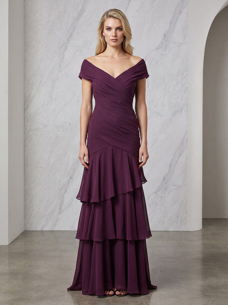 Chiffon A-Line Off Shoulder Mother of the Bride Dresses with Delicate Pleated