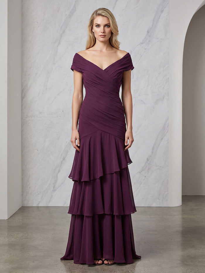 Chiffon A-Line Off Shoulder Mother of the Bride Dresses with Delicate Pleated