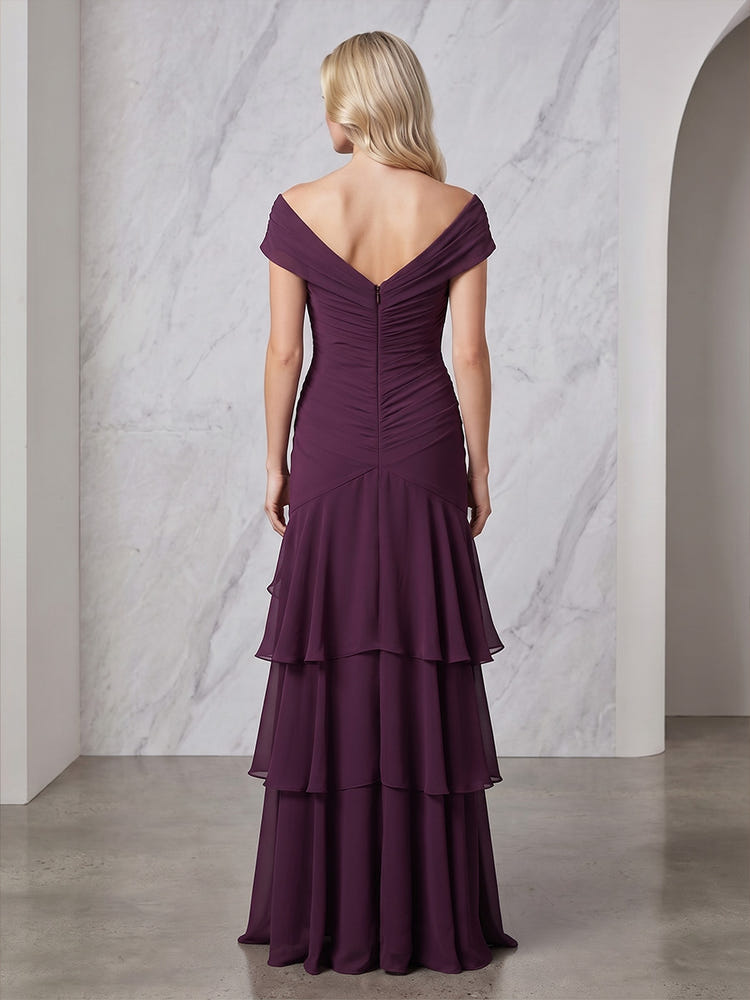 Chiffon A-Line Off Shoulder Mother of the Bride Dresses with Delicate Pleated
