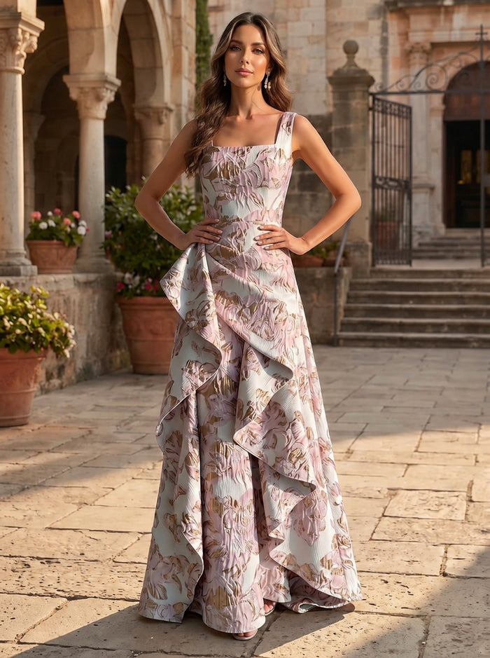 Jacquard A-Line Square Neck Mother of the Bride Dresses with Ruffles
