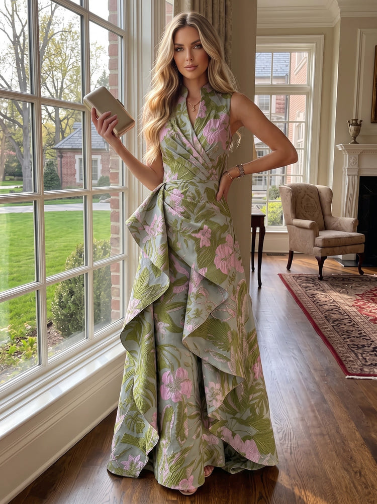 Jacquard A-Line Stand Colla Mother of the Bride Dresses with Ruffles