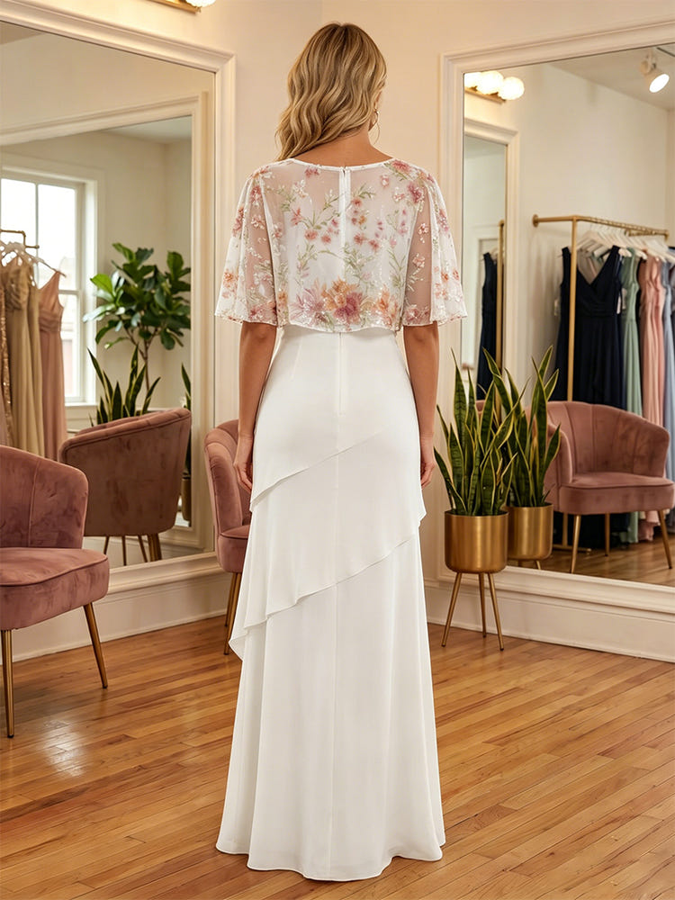 Chiffon Sheath Crew Neck Mother of the Bride Dresses with Sequin Caps