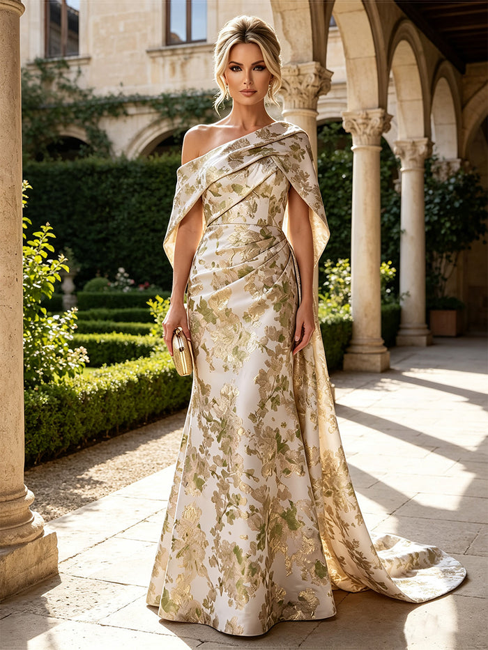 Jacquard Mermaid One Shoulder Mother of the Bride Dresses with Side Waist Tailored Pleats