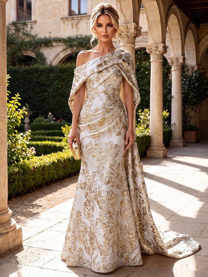 Jacquard Mermaid One Shoulder Mother of the Bride Dresses with Side Waist Tailored Pleats