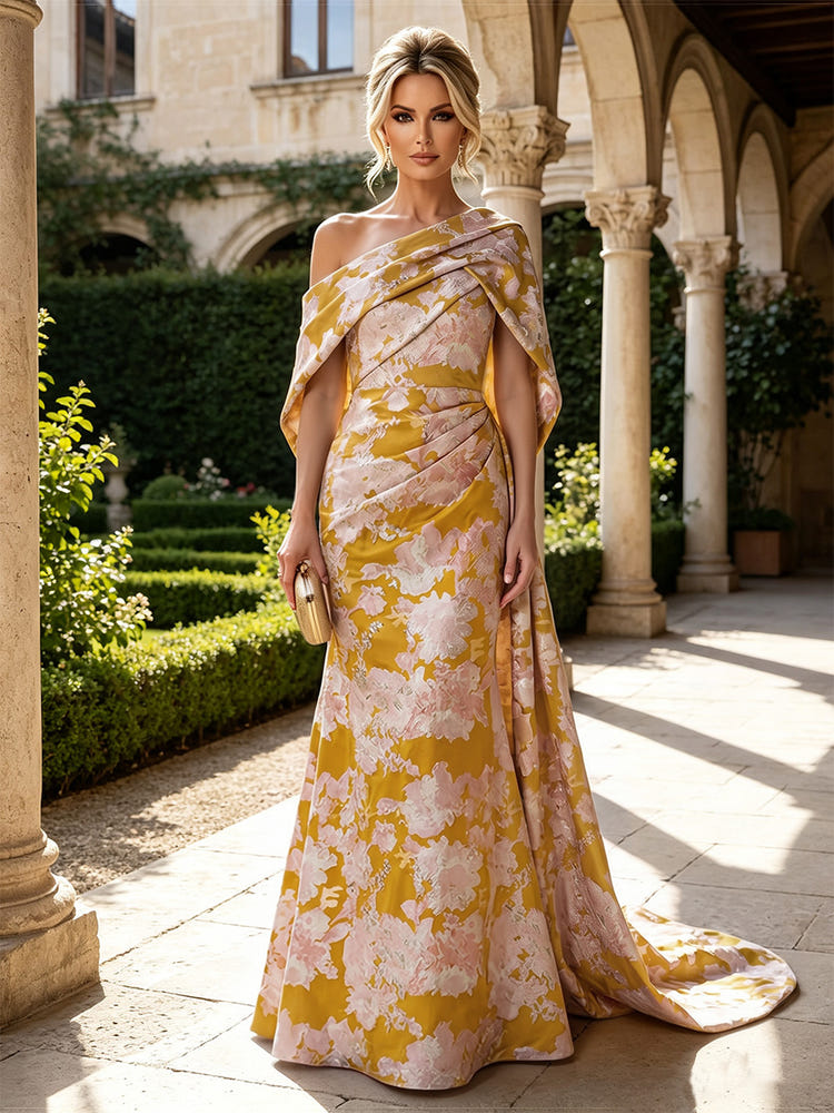 Jacquard Mermaid One Shoulder Mother of the Bride Dresses with Side Waist Tailored Pleats