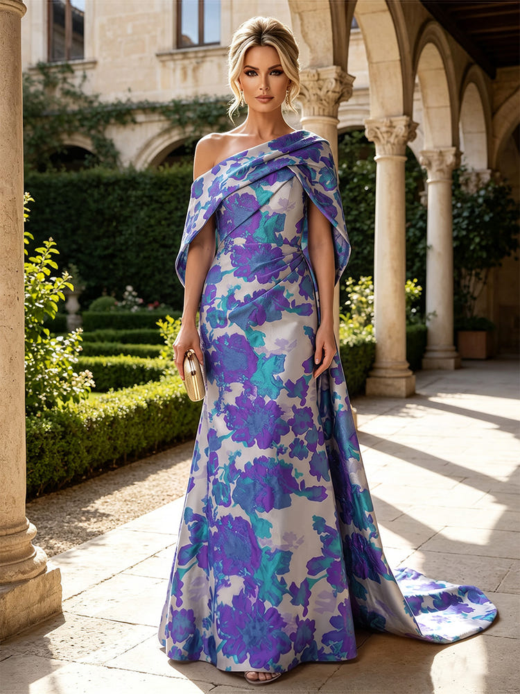 Jacquard Mermaid One Shoulder Mother of the Bride Dresses with Side Waist Tailored Pleats