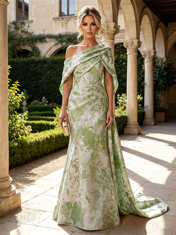 Jacquard Mermaid One Shoulder Mother of the Bride Dresses with Side Waist Tailored Pleats