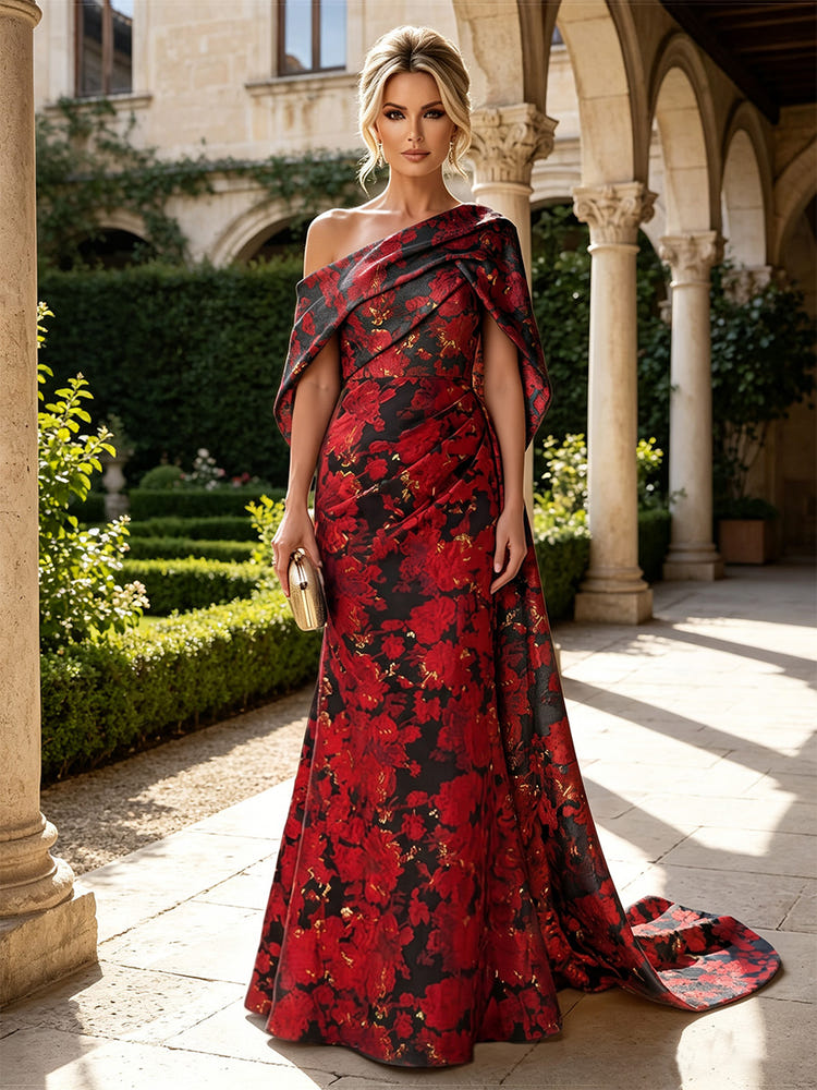 Jacquard Mermaid One Shoulder Mother of the Bride Dresses with Side Waist Tailored Pleats