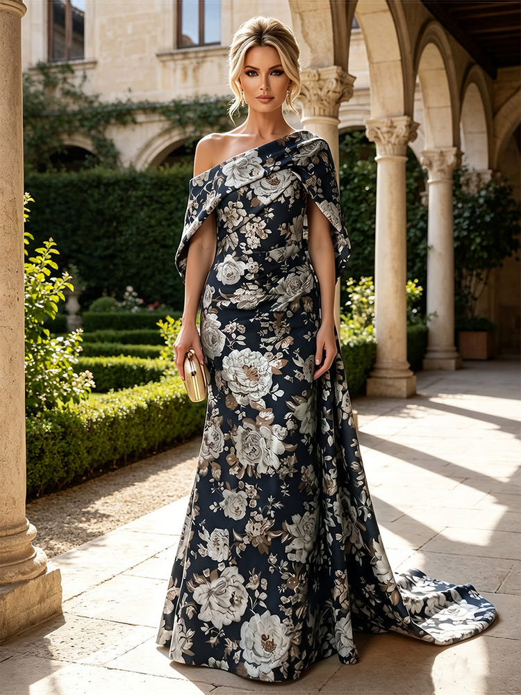 Jacquard Mermaid One Shoulder Mother of the Bride Dresses with Side Waist Tailored Pleats