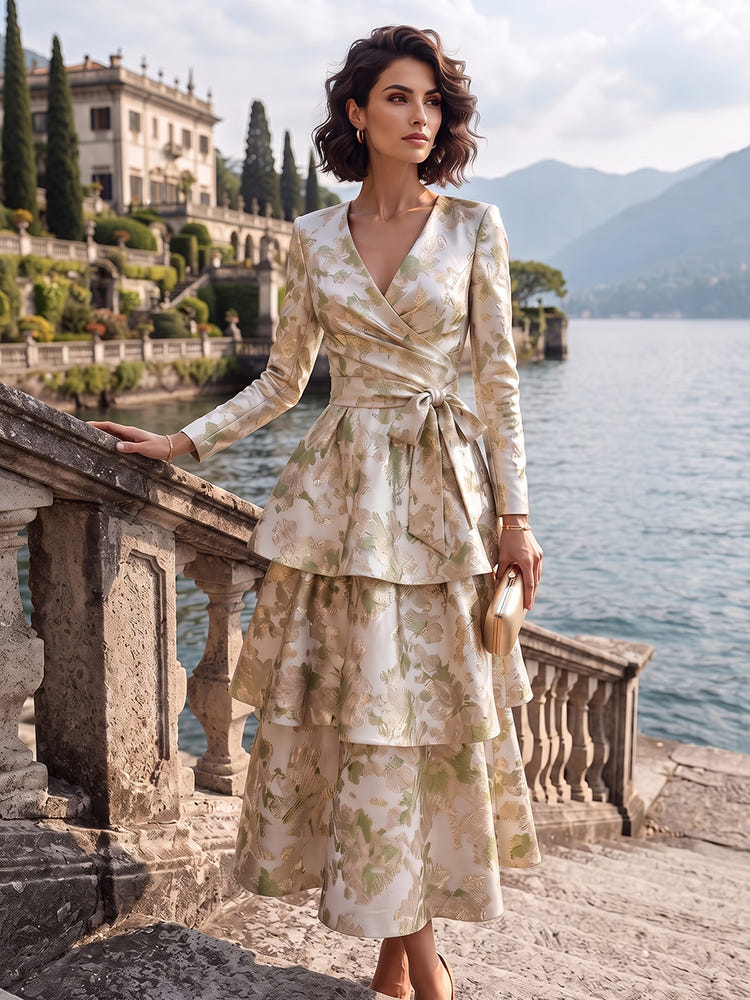 Jacquard A-Line V Neck Mother of the Bride Dresses with Triple Tiered Layered