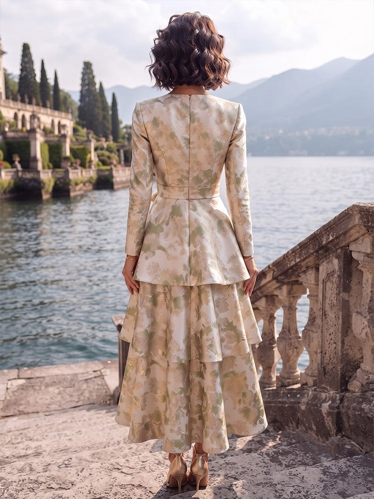 Jacquard A-Line V Neck Mother of the Bride Dresses with Triple Tiered Layered