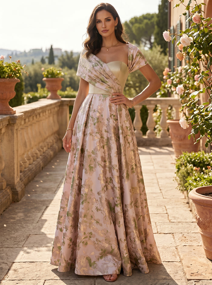 Jacquard A-Line Asymmetric Neck Mother of the Bride Dresses with Side Waist Ruched Shaping Detail