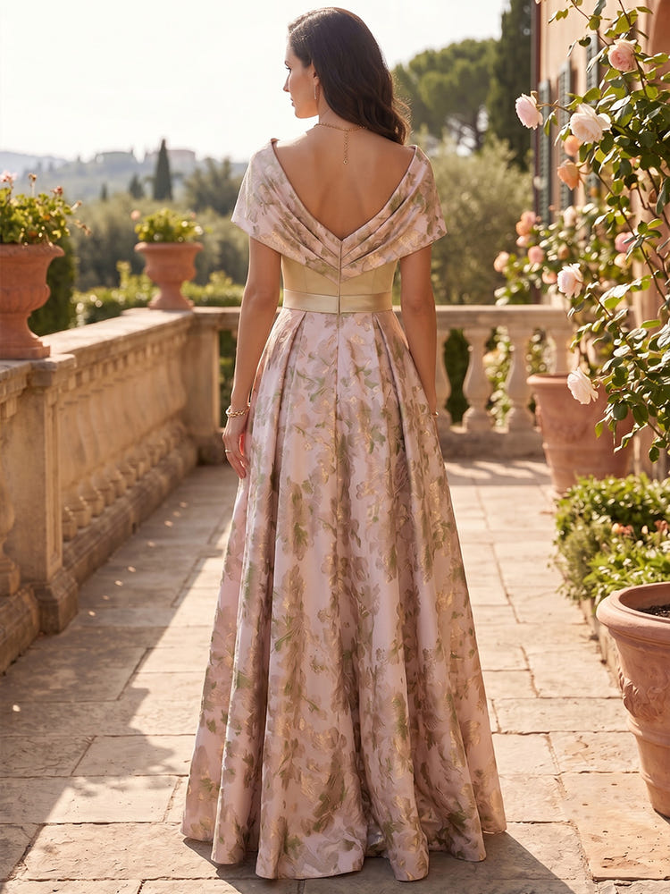 Jacquard A-Line Asymmetric Neck Mother of the Bride Dresses with Side Waist Ruched Shaping Detail
