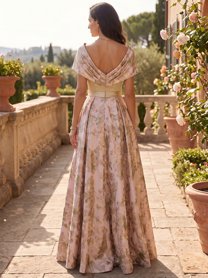 Jacquard A-Line Asymmetric Neck Mother of the Bride Dresses with Side Waist Ruched Shaping Detail