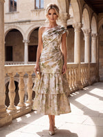 Jacquard A-Line One Shoulder Mother of the Bride Dresses with Side Waist Ruched Shaping Detail